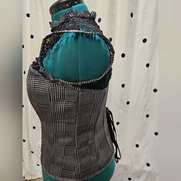 Corset Story black and white houndstooth plaid lace top corset UK 20